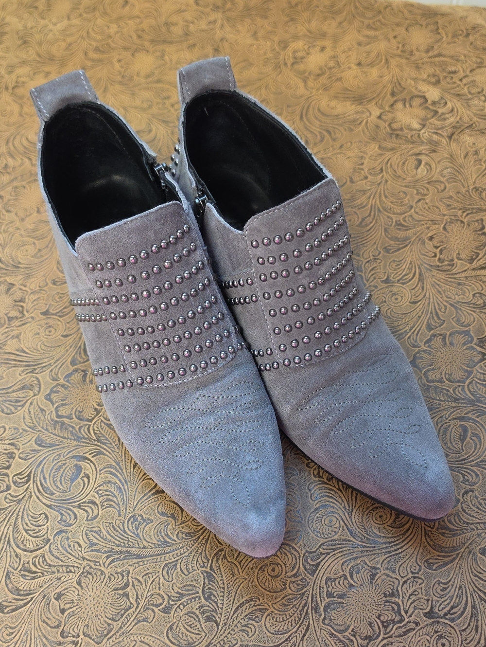 Anine Bing Gray Low Charlie Suede Silver Studded Ankle Boots Size 38